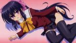 1girl blue_hair blush bow breasts hair_bow isono_satoshi large_breasts long_hair lying noihara_himari official_art omamori_himari on_side open_mouth ponytail school_uniform skirt smile solo thigh-highs very_long_hair violet_eyes zettai_ryouiki 