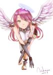  1girl aika_asa angel_wings breasts bridal_gauntlets feathered_wings gloves halo jibril_(no_game_no_life) large_breasts leaning_forward long_hair low_wings magic_circle mismatched_legwear no_game_no_life pink_hair sideboob smile solo standing standing_on_one_leg tattoo thigh-highs very_long_hair white_wings wing_ears wings yellow_eyes 