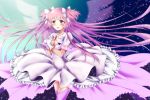  1girl bow breast_cutout breasts choker cleavage commentary_request dress floating_hair frilled_dress frills gloves goddess_madoka hair_bow hands_together kaname_madoka linzsan long_hair magical_girl mahou_shoujo_madoka_magica parted_lips pink_hair pink_legwear solo soul_gem space thigh-highs two_side_up very_long_hair white_bow white_dress white_gloves yellow_eyes 