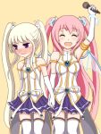  2girls angelic_buster artist_request blush bunny_hair_ornament closed_eyes gloves gradient gradient_background hair_ornament holding_hands horns microphone mole mole_under_eye multiple_girls open_mouth orchid_(maplestory) pink_hair pleated_skirt skirt thigh-highs twintails violet_eyes wavy_mouth white_gloves white_hair white_legwear wings 