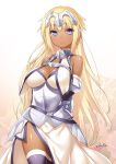  1girl 47agdragon armor armored_dress bare_shoulders blonde_hair breasts cleavage dark_skin detached_sleeves dress fate/apocrypha fate/grand_order fate_(series) grey_eyes grey_legwear headpiece highres large_breasts long_hair looking_at_viewer ruler_(fate/apocrypha) ruler_(fate/grand_order) smile solo tan thigh-highs thighs very_long_hair white_dress 
