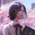  1girl artist_name blue_sky blurry book building cherry_blossoms city collared_shirt day depth_of_field guweiz holding holding_book light_smile looking_afar original outdoors parted_lips petals pink_lips plant shirt sky solo spring_(season) tree upper_body white_shirt wing_collar 