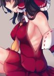  1girl absurdres ascot bare_shoulders beni_shake breasts commentary_request detached_sleeves hair_over_eyes hair_tubes hakurei_reimu highres no_bra ribbon-trimmed_sleeves ribbon_trim shirt sideboob sitting skirt solo touhou 