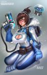  1girl badcompzero bodysuit breasts brown_eyes brown_hair cleavage gloves large_breasts mei_(overwatch) overwatch short_hair solo 