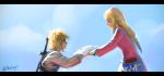  1boy 1girl ag+_(atelieriji) blonde_hair blue_sky eye_contact highres link looking_at_another nintendo pointy_ears princess_zelda sky smile sword the_legend_of_zelda the_legend_of_zelda:_skyward_sword weapon 