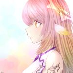  1girl artist_request crop_top cross gradient_hair halo jibril_(no_game_no_life) long_hair magic_circle multicolored_hair no_game_no_life parted_lips pink_hair solo symbol-shaped_pupils tattoo wing_ears yellow_eyes 