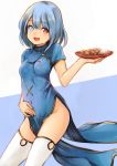  1girl :d bangs between_legs blue_dress blue_eyes blue_hair breasts china_dress chinese_clothes covered_navel curry dress eyebrows eyebrows_visible_through_hair eyelashes food hand_on_own_stomach heterochromia highres holding koretsuki_aduma looking_at_viewer no_panties open_mouth pelvic_curtain red_eyes short_hair short_sleeves smile solo tatara_kogasa thigh-highs touhou two-tone_background white_legwear 