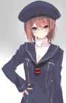  &gt;:( 1girl absurdres bespectacled blush brown_eyes brown_hair clothes_writing dress glasses hand_on_hip hat highres kantai_collection long_sleeves looking_at_viewer military military_hat military_uniform nao_(qqqbb) neckerchief peaked_cap sailor_collar sailor_dress sailor_hat short_hair solo uniform upper_body z3_max_schultz_(kantai_collection) 