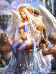  1girl 2boys angel_wings bikini blonde_hair blue_eyes blue_legwear breasts floating_island flower hair_flower hair_ornament halo jewelry large_breasts legend_of_the_cryptids light_rays lips looking_at_viewer multiple_boys navel shuichi_wada solo_focus swimsuit thigh-highs throne veil water waterfall wings 