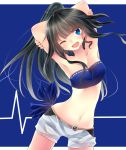  1girl armpits black_hair blue_eyes breasts cleavage highres long_hair looking_at_viewer navel one_eye_closed open_mouth original ponytail short_shorts shorts solo strapless xe-cox 