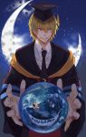  ansatsu_kyoushitsu blonde_hair copyright_request crescent_moon earth evil_grin evil_smile grin highres koro-sensei moon planet smile tagme yellow_eyes 