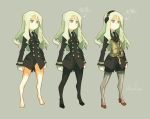  1girl aqua_eyes barefoot gloves green_hair headphones kome long_hair military military_uniform naval_uniform necktie pantyhose rudder_shoes uniform white_gloves 