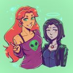  2girls black_hair blue_eyes bra_strap breasts casual cleavage collarbone earrings expressionless green_eyes halo hoop_earrings iahfy jacket jewelry long_hair multiple_girls off_shoulder pendant raven_(dc) redhead short_hair smile starfire tagme teen_titans v 