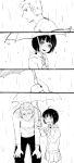  /\/\/\ 1girl ahoge amatori_chika atplus bangs bent_over black_hair blunt_bangs bob_cut comic confused flying_sweatdrops hands_on_own_knees head_tilt height_difference holding holding_umbrella hood hood_down hoodie kizaki_reiji long_sleeves looking_at_another miniskirt monochrome motion_lines open_mouth pants pleated_skirt profile rain shade shared_umbrella silent_comic skirt spiky_hair sweatdrop umbrella world_trigger 