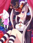  1girl benika blush bunny_hair_ornament bunny_puppet chain dress flower hair_ornament hat highres looking_at_viewer maplestory mole mole_under_eye orchid_(maplestory) pink_dress pumpkin red_ribbon ribbon smile striped striped_legwear top_hat twintails violet_eyes white_hair 