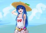  1girl arm_behind_back artist_request blue_eyes blue_hair bow clouds dress_shirt frills hat hinanawi_tenshi leaf long_hair open_mouth rainbow_order shirt simple_background sky smile solo straw_hat touhou very_long_hair white_shirt 