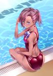  1girl ass blue_eyes brown_hair competition_swimsuit female mendou_saya one-piece_swimsuit original ponytail poolside short_hair sitting solo swimsuit tan 