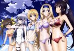  5girls absurdres bikini black_hair blonde_hair blue_bikini blue_eyes bracelet breasts brown_hair casual_one-piece_swimsuit cecilia_alcott charlotte_dunois cleavage clouds drill_hair eyepatch flat_chest grey_hair highres huang_lingyin infinite_stratos jewelry laura_bodewig long_hair multiple_girls necklace one-piece_swimsuit orange_bikini ponytail purple_bikini red_bikini shinonono_houki short_hair swimsuit 