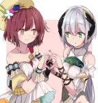  +_+ 2girls arm_ribbon atelier_(series) atelier_sophie bare_shoulders brown_eyes brown_hair covered_navel green_eyes hair_ornament hat heart heart_hands heart_hands_duo holding_hands interlocked_fingers jewelry long_hair low_twintails maromi_(am97) multiple_girls necklace plachta ribbon see-through shirt short_hair short_sleeves silver_hair single_glove smile sophie_neuenmuller twintails upper_body very_long_hair yuri 