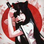  1girl ahoge animal_ears black_hair blood bloody_clothes blush cat_ears closed_mouth guweiz head_tilt holding holding_sword holding_weapon katana lips long_hair looking_at_viewer original red_eyes shirt short_sleeves smile solo sword unsheathed very_long_hair weapon white_shirt 