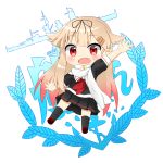  1girl alternate_costume blonde_hair chibi crys_(dai) hair_flaps hair_ornament hair_ribbon hairclip highres kantai_collection long_hair messy_hair red_eyes remodel_(kantai_collection) ribbon scarf white_scarf yuudachi_(kantai_collection) 