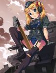  1girl bandaid bandaid_on_clothes bandaid_on_nose between_legs black_legwear blonde_hair blue_eyes breasts garter_straps gloves hair_bobbles hair_ornament hat looking_at_viewer military military_uniform necktie sitting solo thigh-highs twintails uniform watanabe_akio 