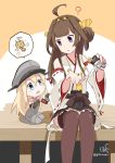  2girls ? artist_name bare_shoulders black_legwear black_skirt blonde_hair blue_eyes blush brown_hair detached_sleeves double_bun gloves grey_gloves grey_legwear hairband halo hat highres holding iowa_(kantai_collection) kantai_collection kongou_(kantai_collection) long_hair looking_at_another minigirl multiple_girls nontraditional_miko peaked_cap pointing pokasu rensouhou-chan ribbon-trimmed_sleeves ribbon_trim seiza sitting skirt sleeve_tug sparkle speech_bubble thigh-highs twitter_username violet_eyes wide_sleeves wings |_| 