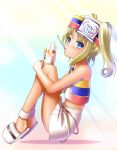  1girl bare_shoulders blonde_hair blue_eyes blush food ice_cream legs_up looking_at_viewer mini_stop mouth_hold mutsuki_hiiro personification short_hair sitting skirt solo spoon tan twintails 