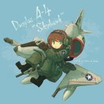  1girl 2014 airplane artist_name brown_eyes cockpit dated douglas_a-4_skyhawk fighter_jet flying green_eyes headphones headset jet jet_engine kome mecha_musume military military_uniform smile solo uniform wings 