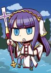  1girl angry april_fools blue_eyes chibi cross fate/grand_order fate_(series) purple_hair riyo_(lyomsnpmp) saint_martha staff 