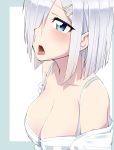  1girl 32._(32_sats) blue_eyes blush breasts cleavage hair_ornament hair_over_one_eye hairclip hamakaze_(kantai_collection) highres kantai_collection open_mouth short_hair silver_hair solo tears 