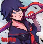  1girl artist_name black_hair black_serafuku black_shirt blue_eyes closed_mouth copyright_name fingerless_gloves from_above glasses gloves guweiz holding holding_weapon kill_la_kill looking_at_viewer looking_up matoi_ryuuko multicolored_hair neckerchief over_shoulder pink_lips red_gloves redhead school_uniform scissor_blade semi-rimless_glasses senketsu serafuku shirt short_hair short_sleeves smile solo streaked_hair under-rim_glasses upper_body weapon 