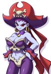  1girl bandana bandeau bare_shoulders blue_skin breasts buttons choker cleavage earrings hands_on_hips hat highres hoop_earrings jewelry large_breasts mazume midriff pirate pirate_hat purple_hair red_eyes risky_boots shantae simple_background skull slender_waist solo white_background wrist_cuffs 