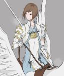  1boy aiiluro alternate_costume artist_name brown_hair feathered_wings fire_emblem fire_emblem_if gloves grey_background highres hisame_(fire_emblem_if) orange_eyes polearm simple_background solo spear weapon wings 
