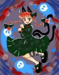  1girl animal_ears black_bow blush bow braid cat_ears cat_tail cross-laced_legwear dress fangs full_body green_dress hair_bow hair_ribbon heart highres hitodama implied_pantyshot kaenbyou_rin komaku_juushoku long_sleeves multiple_tails open_mouth paw_pose puffy_long_sleeves puffy_sleeves red_eyes redhead ribbon shoe_bow shoes smile sweatdrop tail touhou tress_ribbon twin_braids two_tails 