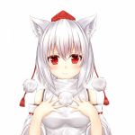  1girl animal_ears blush breasts detached_sleeves hat highres inubashiri_momiji looking_at_viewer oohirakeisuke red_eyes short_hair simple_background smile solo tokin_hat touhou upper_body white_background wolf_ears 