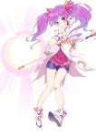  1girl absurdres aisha_(elsword) compromise. dimension_witch_(elsword) elsword full_body gloves highres long_hair looking_at_viewer miniskirt purple_hair purple_skirt serious shoes skirt solo twintails violet_eyes wand white_background white_gloves white_shoes 