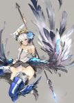  1girl armor armored_dress blue_eyes crown dress gwendolyn highres odin_sphere polearm silver_hair solo spear strapless strapless_dress weapon wings yunar 