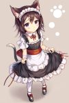  1girl absurdres animal_ears apron blush brown_hair cat_ears cat_tail detached_collar dress from_above hair_ornament hairclip highres looking_at_viewer looking_up maid maid_apron maid_headdress original sakura_ani shoes short_hair skirt skirt_hold solo tail violet_eyes white_legwear 