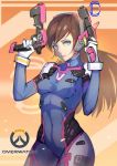  1girl bangs bingyuheizhiyan blue_eyes bodysuit breasts brown_hair copyright_name covered_navel covered_nipples cowboy_shot d.va_(overwatch) dual_wielding facial_mark gloves gun handgun hands_up headphones holding holding_gun holding_weapon lips lipstick long_hair looking_at_viewer makeup overwatch pink_lipstick skin_tight solo swept_bangs weapon white_gloves 