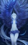  1girl absurdly_long_hair arms_up bird_wings blue blue_eyes blue_wings feathered_wings feathers flying_teardrops groin horn long_hair looking_away looking_up monster_girl navel pixiv_fantasia pixiv_fantasia_fallen_kings silver_hair sky small_breasts solo star_(sky) starry_sky stomach tears thigh_gap very_long_hair wings y_in 