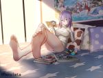  1girl aqua_eyes barefoot book character_request detached_sleeves highres panzer_waltz potato_chips purple_hair short_hair solo sweater yun_yang 
