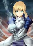  1girl ahoge armor armored_dress blonde_hair fate/stay_night fate_(series) gauntlets green_eyes highres holding holding_sword holding_weapon long_hair saber solo sword tama_go weapon 