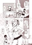  1boy 2girls :&gt; ;d ^_^ ^o^ admiral_(kantai_collection) alternate_hairstyle armpits ascot bare_arms bare_shoulders bikini bikini_skirt blush breasts buttons checkered cleavage close-up closed_eyes clouds comic day flying_sweatdrops front-tie_bikini front-tie_top fubuki_(kantai_collection) hair_ornament hairclip hand_on_hip kantai_collection kneehighs kouji_(campus_life) large_breasts laughing long_hair long_sleeves looking_at_viewer monochrome motion_lines multiple_girls ocean one_eye_closed open_mouth outdoors palm_tree pier plant pleated_skirt ponytail ribbon scenery school_uniform serafuku short_sleeves side-tie_bikini skirt sleeve_cuffs small_breasts smile speech_bubble standing suzuya_(kantai_collection) swimsuit talking text tree upper_body water water_drop wet 
