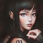  1girl artist_name bare_shoulders brown_eyes closed_mouth guweiz hair_over_shoulder hand_up light_smile lips looking_at_viewer number original pink_lips portrait realistic short_hair solo tattoo upper_body 