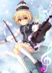  1girl blonde_hair bow_(instrument) brown_eyes cross_(crossryou) hat instrument juliet_sleeves long_sleeves looking_at_viewer lunasa_prismriver musical_note puffy_sleeves shirt skirt skirt_set smile solo touhou vest violin 