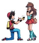  1boy 1girl backpack black_shirt blue_(pokemon) blue_eyes blue_shirt blue_socks blush covering_mouth headwear headwear_removed ian_dimas_(artist) jeans pokemon pokemon_special proposal red_(pokemon) red_eyes red_jacket red_skirt ring shoes smile wristbands 