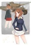  2girls blush brown_eyes brown_hair commentary dissolving dual_persona ekuesu garrison_cap girls_und_panzer hat highres light_particles looking_back military military_vehicle multiple_girls nishizumi_miho open_mouth short_hair tank tiger_i uniform vehicle 