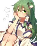 1girl detached_sleeves frog frog_hair_ornament green_eyes green_hair hair_ornament hair_tubes japanese_clothes kochiya_sanae long_hair miko renka_(sutegoma25) simple_background snake snake_hair_ornament solo star touhou white_background wide_sleeves 