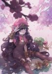  1girl breasts cherry_blossoms cleavage curly_hair green_eyes hat heart highres league_of_legends long_hair looking_at_viewer lulu_(league_of_legends) petals pix pointy_ears purple_hair purple_legwear salute smile staff teanip thigh-highs very_long_hair 